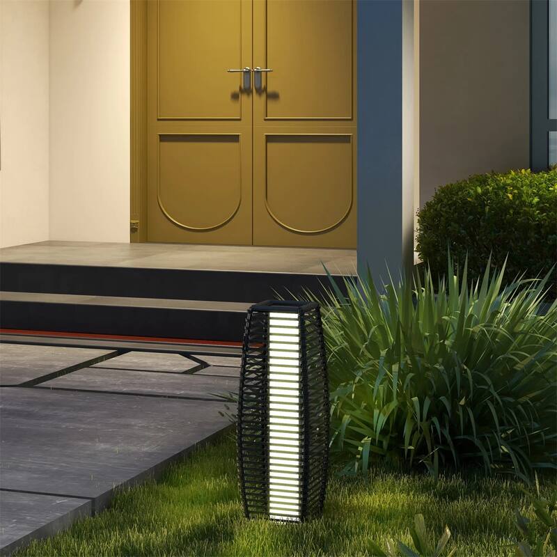 Outdoor Solar Floor Lamp with Warm White LED Waterproof Rattan and Steel Patio Lighting - 7.75" W x 7.75" D x 26.75" H