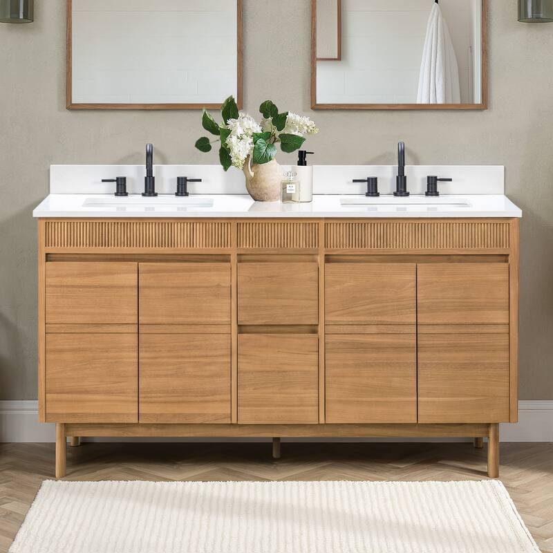 Avanity Kayla Bathroom Vanity in Natural Teak with White Engineered Stone Top - 61" Double Sink