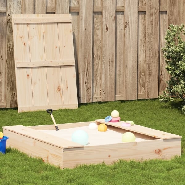 slide 2 of 18, vidaXL Sandpit with Cover Sandbox Patio Outdoor Play Equipment Solid Wood Pine - 43.7" x 43.7" x 7.7" Natural pine