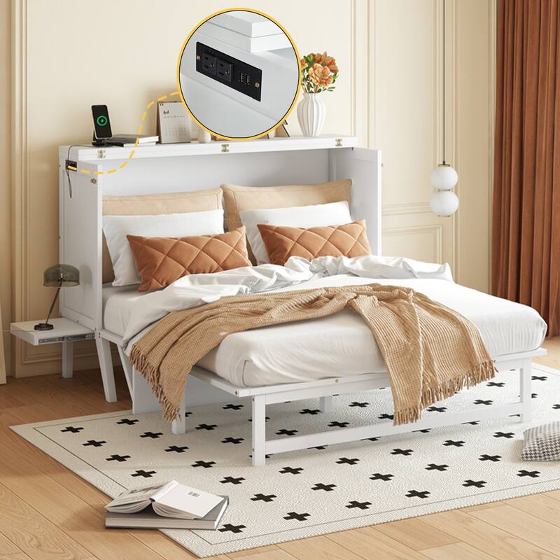 Queen Size Murphy Bed with USB Port and Removable Shelves on Each Side, Solid Pine Murphy Cabinet Bed for Home Office