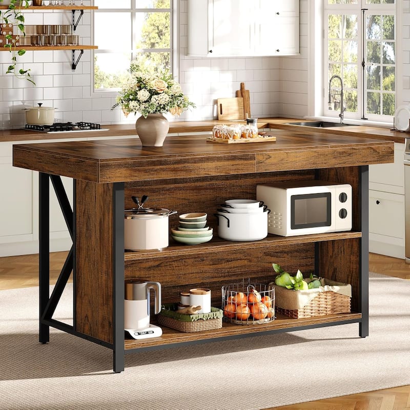 55-Inch Large Kitchen Island with Storage, Wooden Stationary Island Table - 27" D x 55" W x 35" H - Rustic Brown& Black