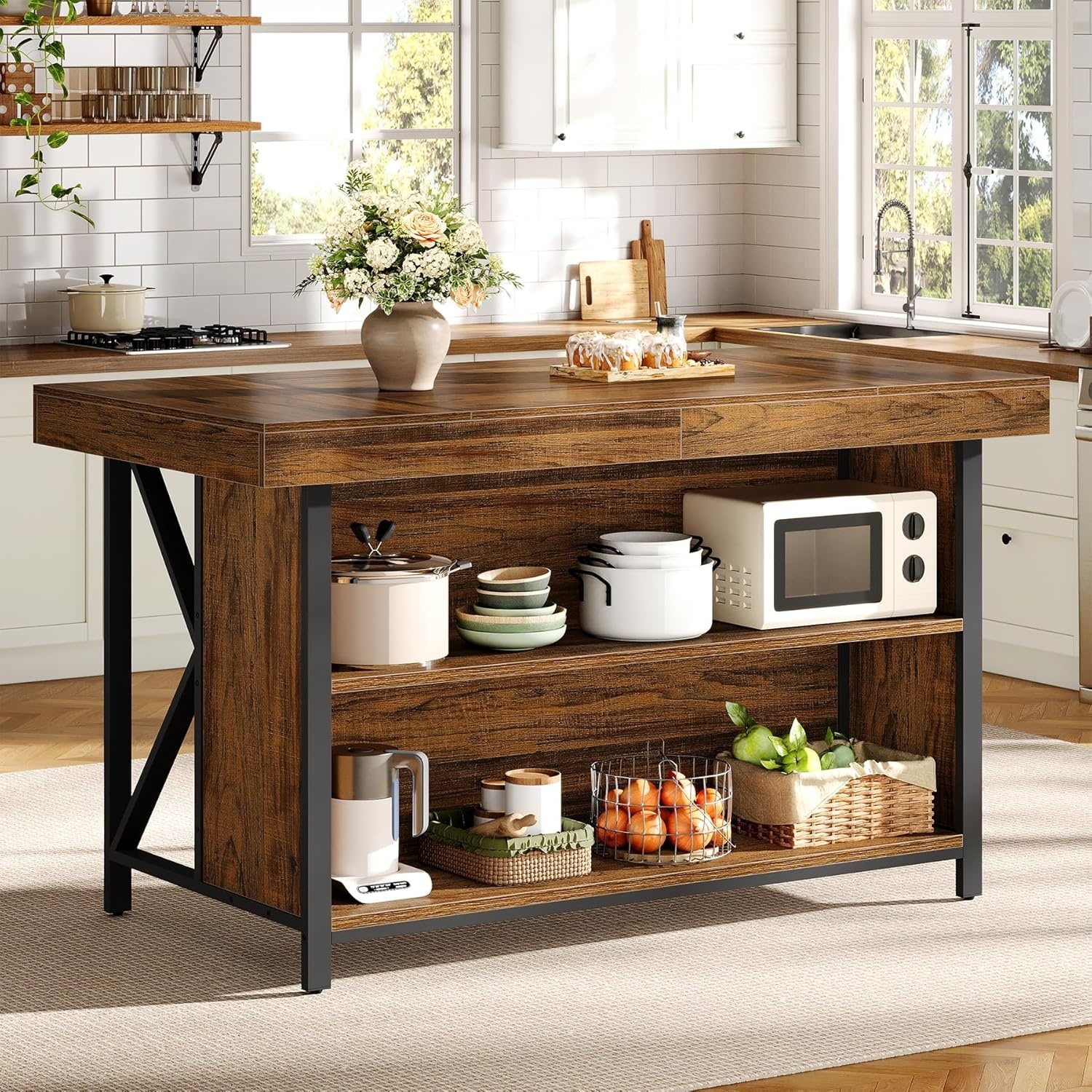55-Inch Stationary Kitchen Island with Storage Shelves and Seating, Industrial Style, Wooden and Metal - 27" D x 55" W x 35" H