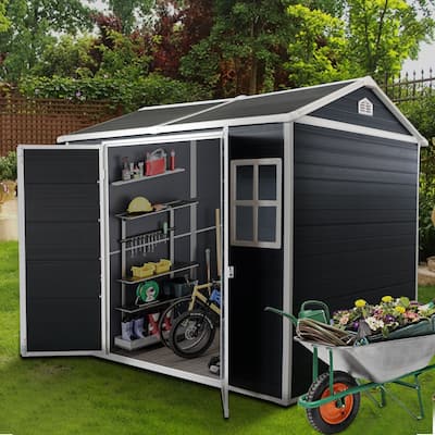 Outdoor Resin Garden Shed Rust-proof Storage Shed Tool Shed with Sloping Roof & Lockable Double Doors, Built-in Floor
