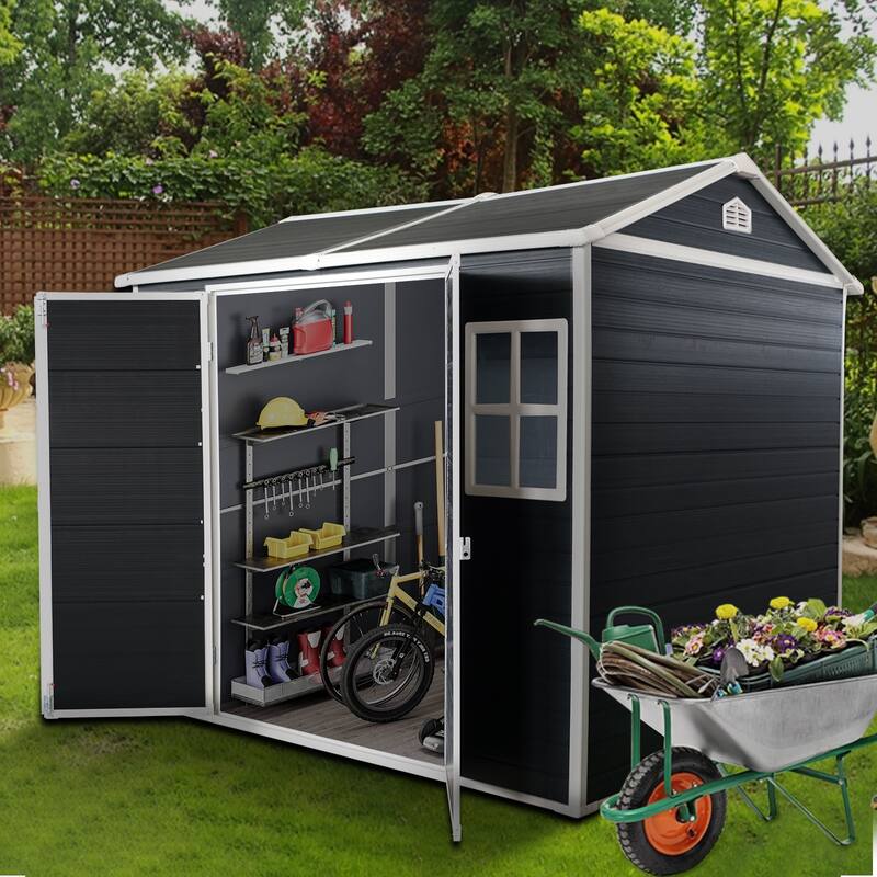 Rust-proof Outdoor Resin Garden Shed with Double Lockable Hinged Door, Waterproof Plastic Storage Shed Tool Shed