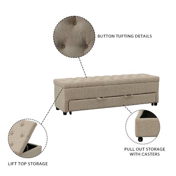 60 Inch Modern Pull Out Storage Bench Textured Beige Fabric Button