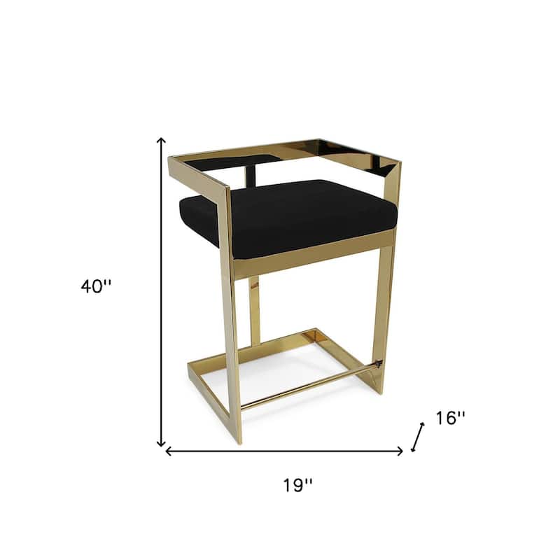 30" Black And Gold Velvet And Stainless Steel Low Back Bar Height Bar Chair