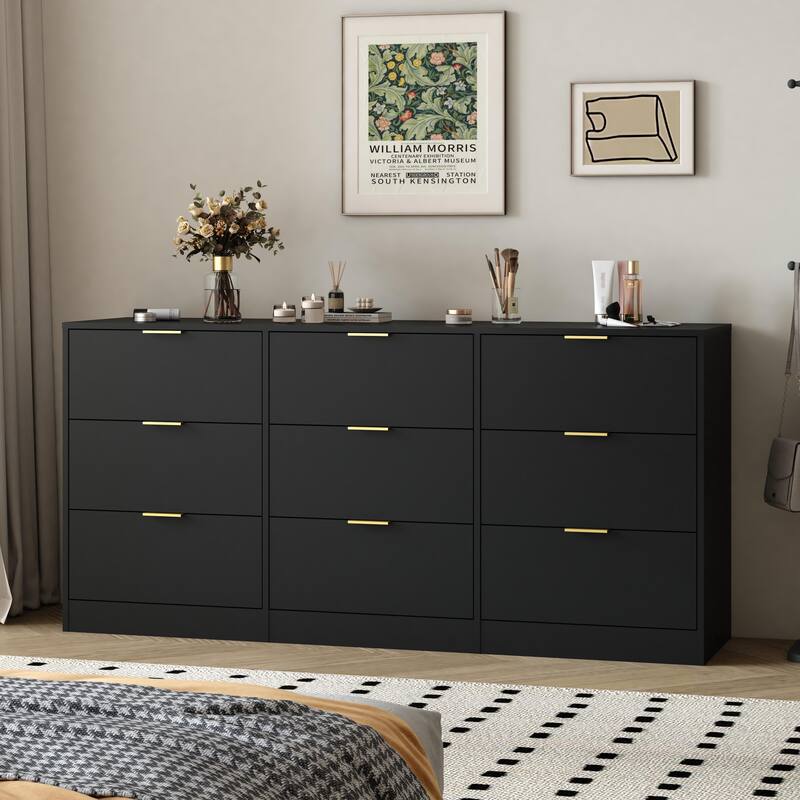 9 Drawer Dresser, 63" Large Deep Chest of Drawers, Wooden Dresser Storage Cabinet with 9 Drawers - Black