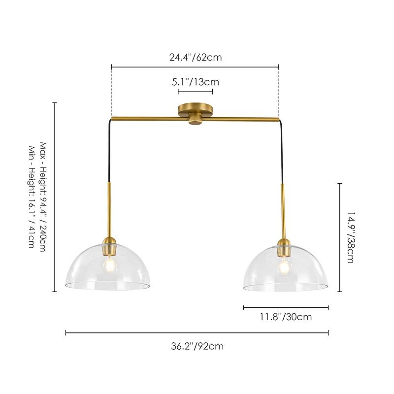 2-Light Modern Gold Linear Dome Clear Glass Globe Bubble Kitchen Island Lights