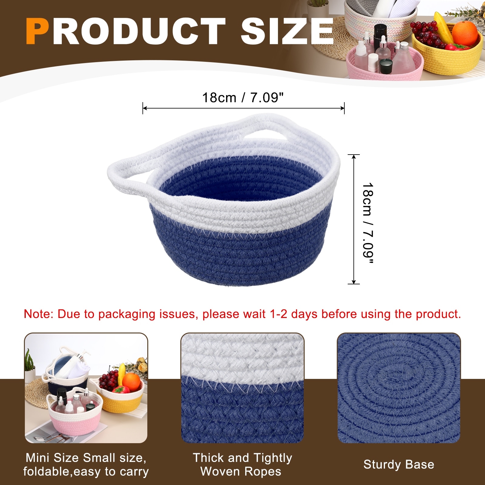 Small Cotton Rope Woven Storage Basket, Cat Ears Decorative Organizer