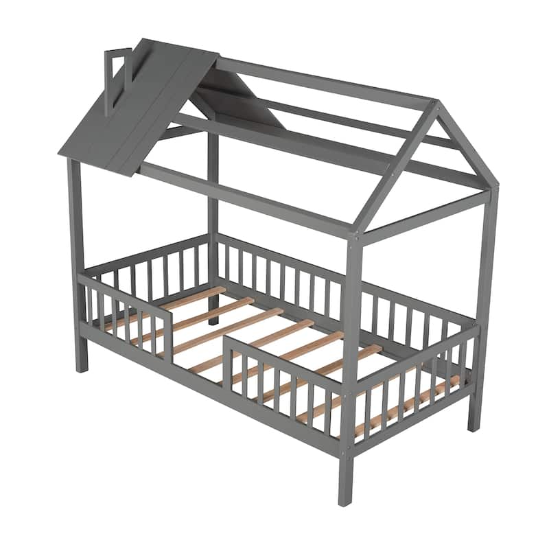 Pine House Platform Bed with Roof and Fence