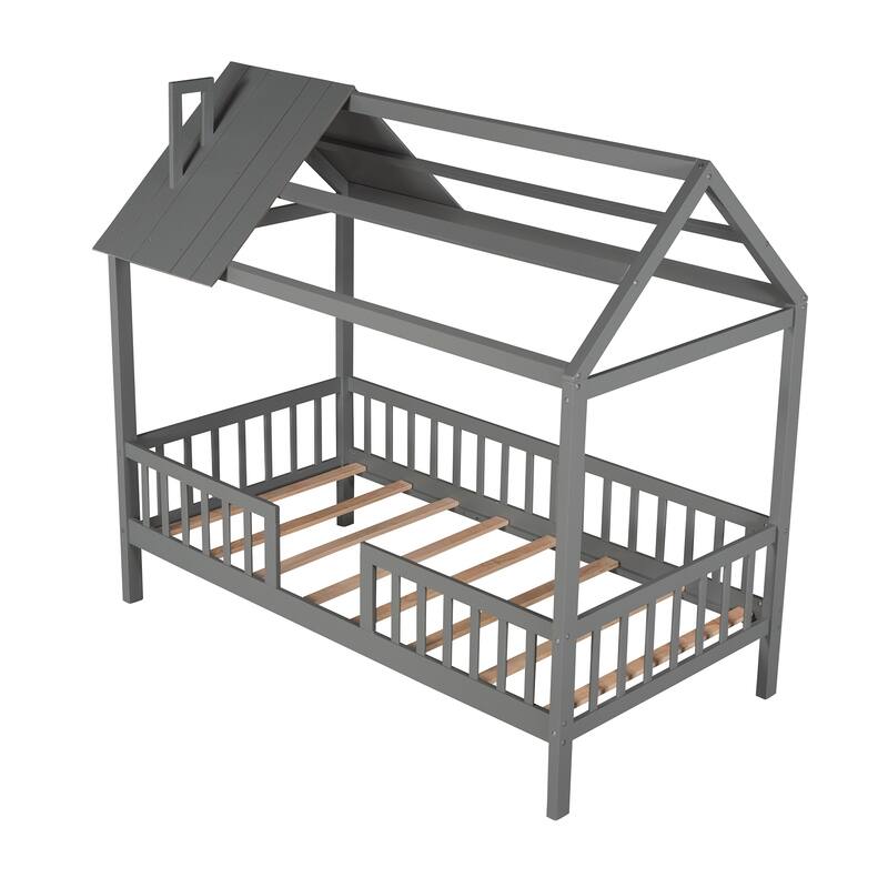 Twin Size Wood House Bed with Roof, Fence, and Chimney, Sturdy Pine Frame, Perfect for Kids' Bedrooms