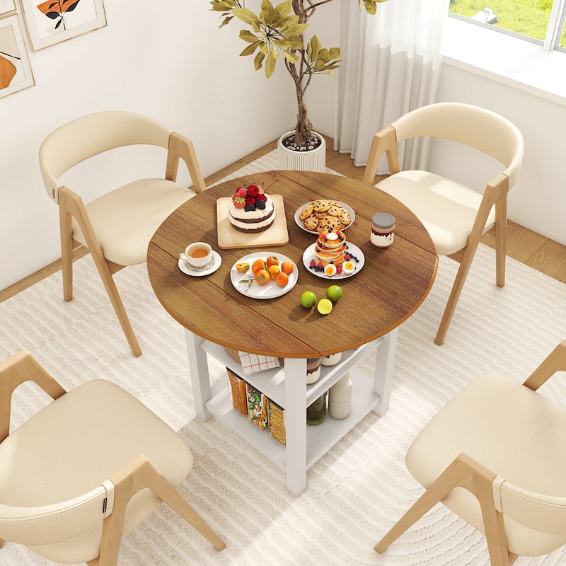 Gymax Folding Round Dining Table Drop Leaf Table w/ 2 Shelves for