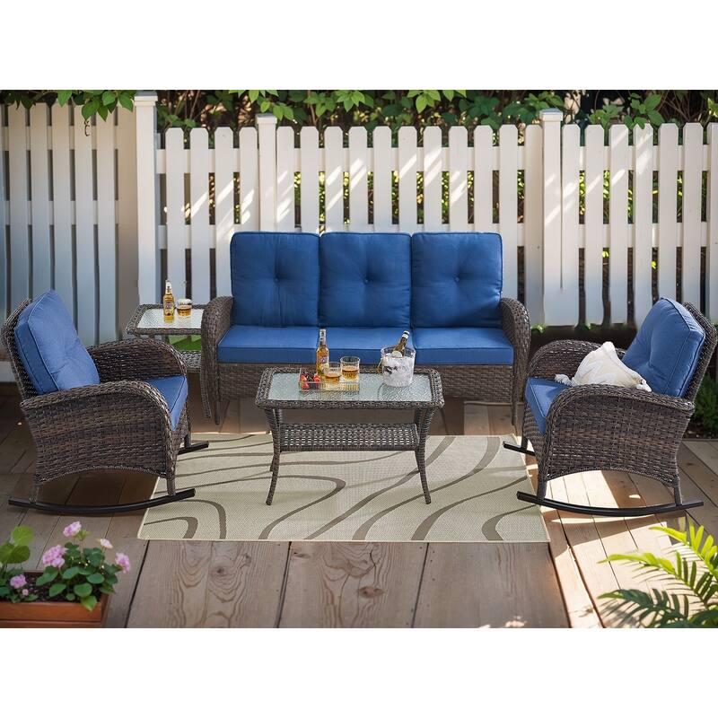 5 Pieces Rocker Chairs Patio Sofa Table Brown-Blue - Brown - Brown - Blue