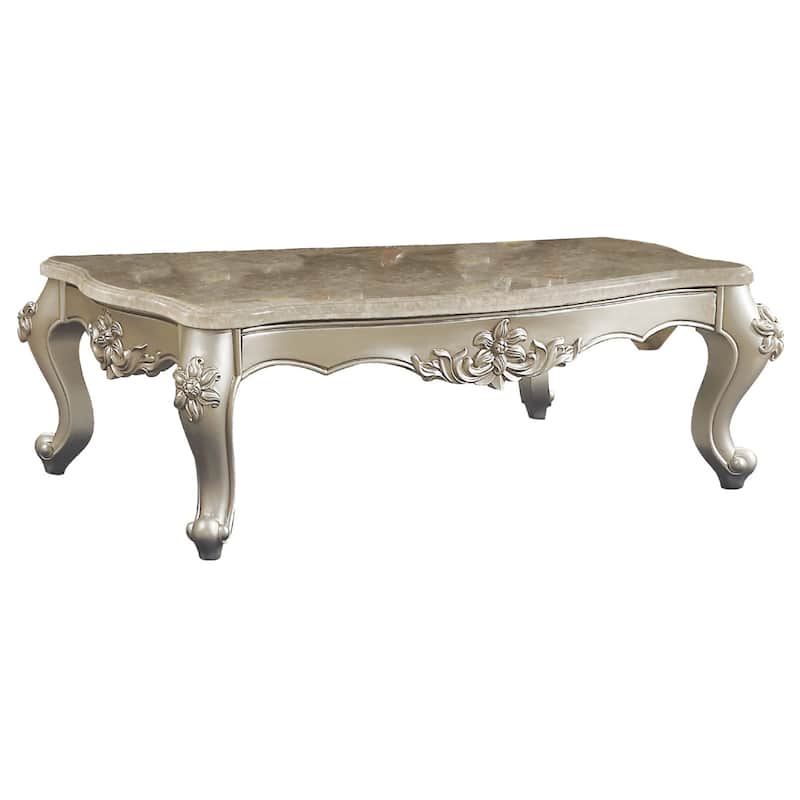 Traditional Style Rectangular Wood and Marble Coffee Table, Silver