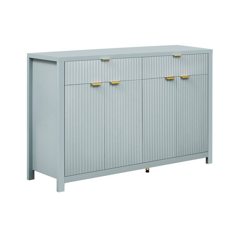 Roomfitters Sideboard Buffet Cabinet with 2 Drawers, 4 Door Mid-century Modern Fluted Storage for Kitchen & Dining Room, Cyan