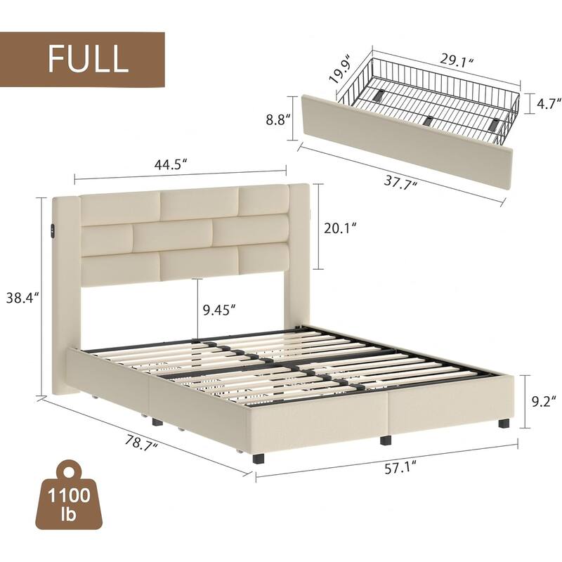 VECELO Upholstered Storage Bed Frame with 2 Side USB Ports and 4 Big Space Drawers, Velvet Headboard and Charging Station-Ports