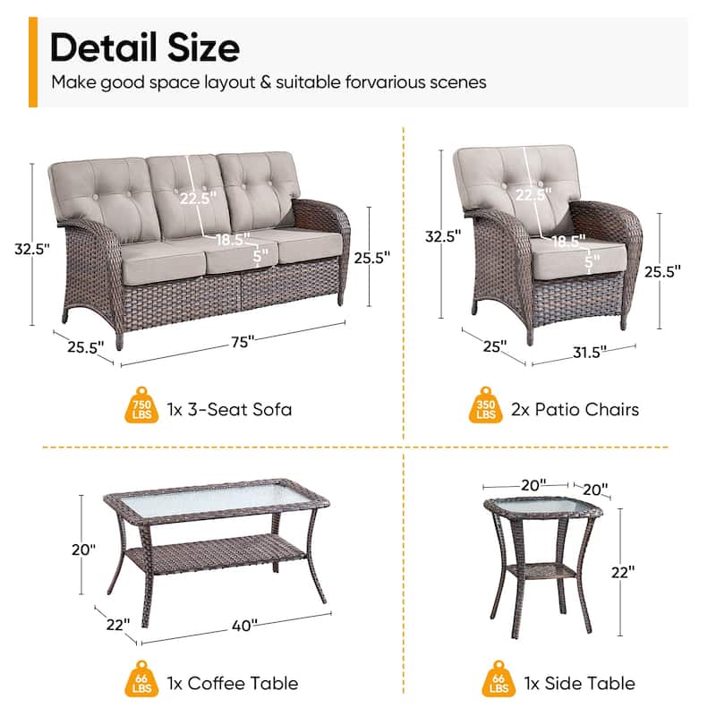 Pocassy 5 Piece Ooutdoor Sofa with Patio Chair Table