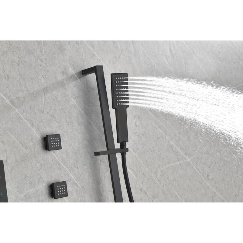 Wall mounted shower system with 6 body sprays and hand shower