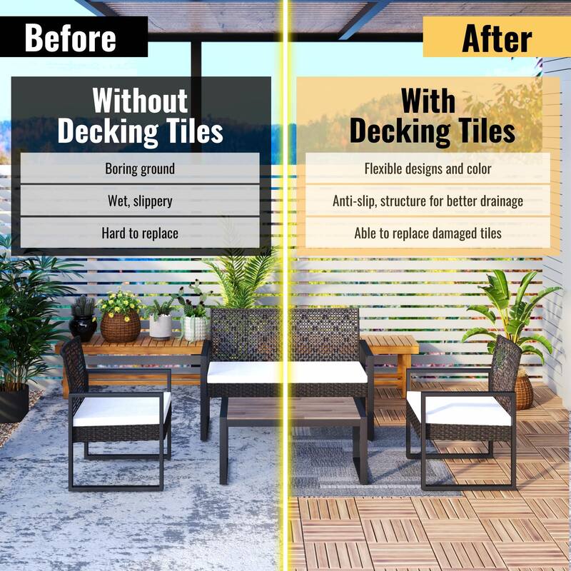 Interlocking Deck Tiles Striped Pattern, 12" x 12" Square Acacia Hardwood Outdoor Flooring