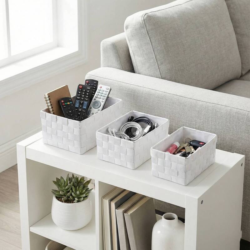 Checkered Woven Strap Storage Baskets (Set of 3) - 7.8 L x 5.3 W x 4.2 H