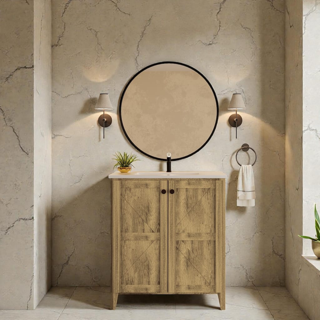 30 Inch Folding Bathroom Floor Cabinet with Ceramic Sink, 1-Minute Tool-Free Install, Space-Saving Freestanding Vanity