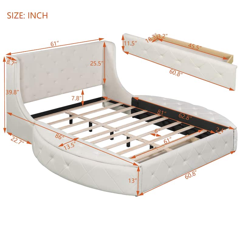Low Profile Bed Queen Size Velvet Upholstered Platform Bed with Wingback Headboard, Big Drawer and 2 Semicircle Side Stools