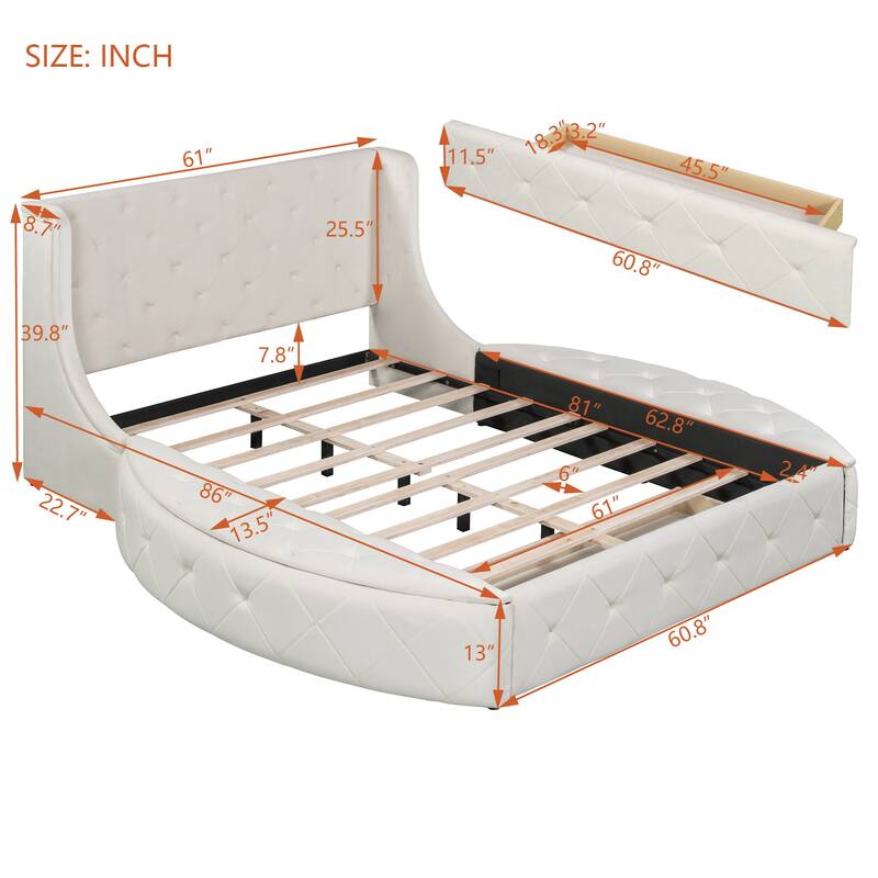 Roomfitters Queen Size Upholstered Platform Bed with Storage Drawer and Velvet Wingback Headboard