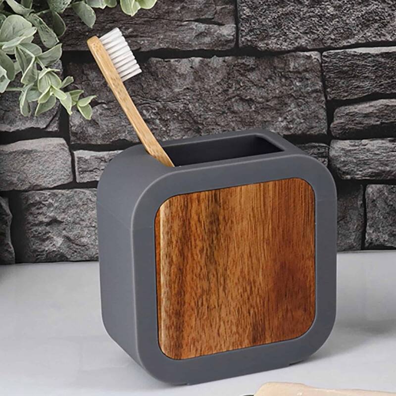 Modern Toothbrush Holder Rubber and Wood - 4.3 L x 2 W x 4.4 H - Gray/Acacia