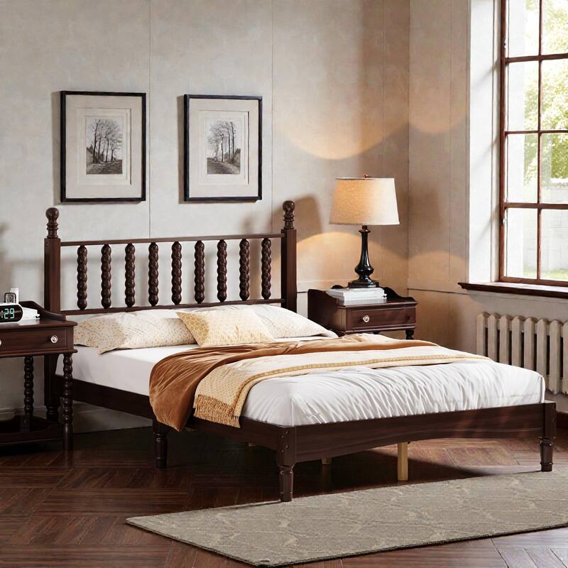 Retro Wood Platform Bed with Gourd Shaped Headboard, Wooden Slat Support, No Box Spring Needed