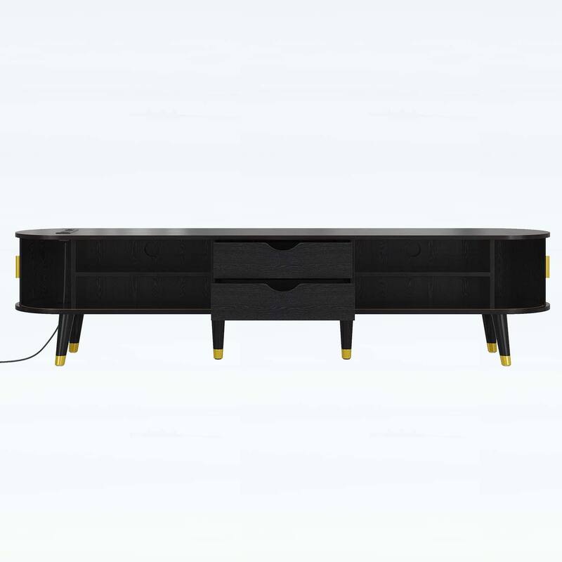 Mid-Century Wooden Oval Fluted TV Stand with Charging Station,Sliding Tambour Door