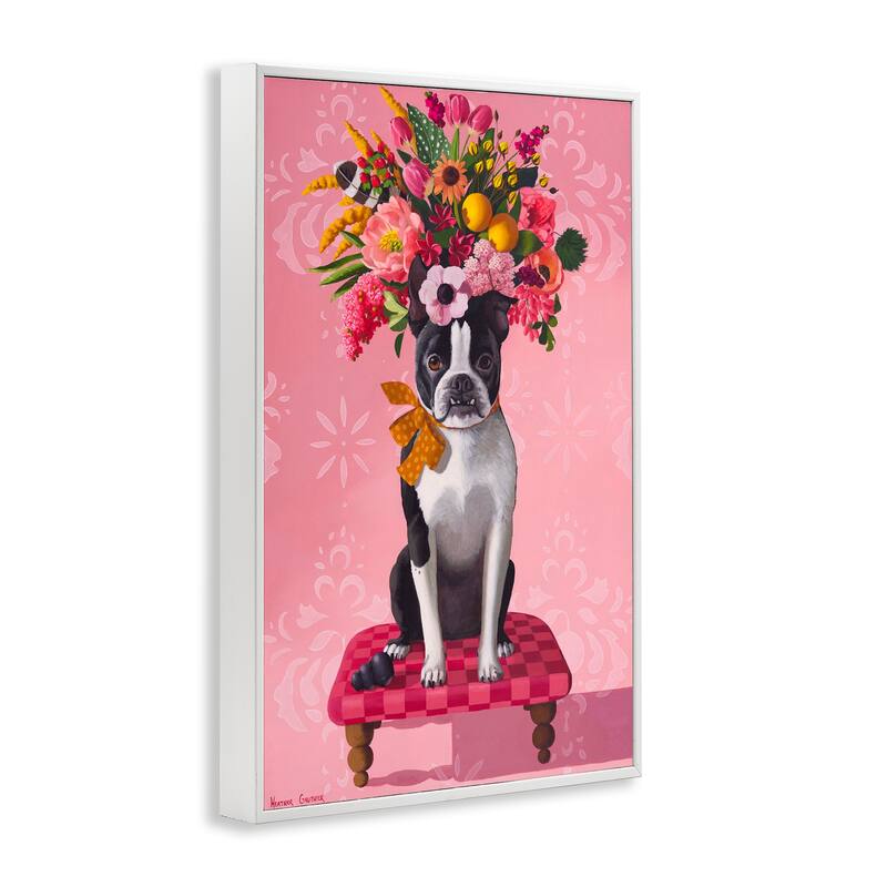 Stupell Bulldog & Pink Bouquet Framed Giclee Art Design By Heather Gauthier