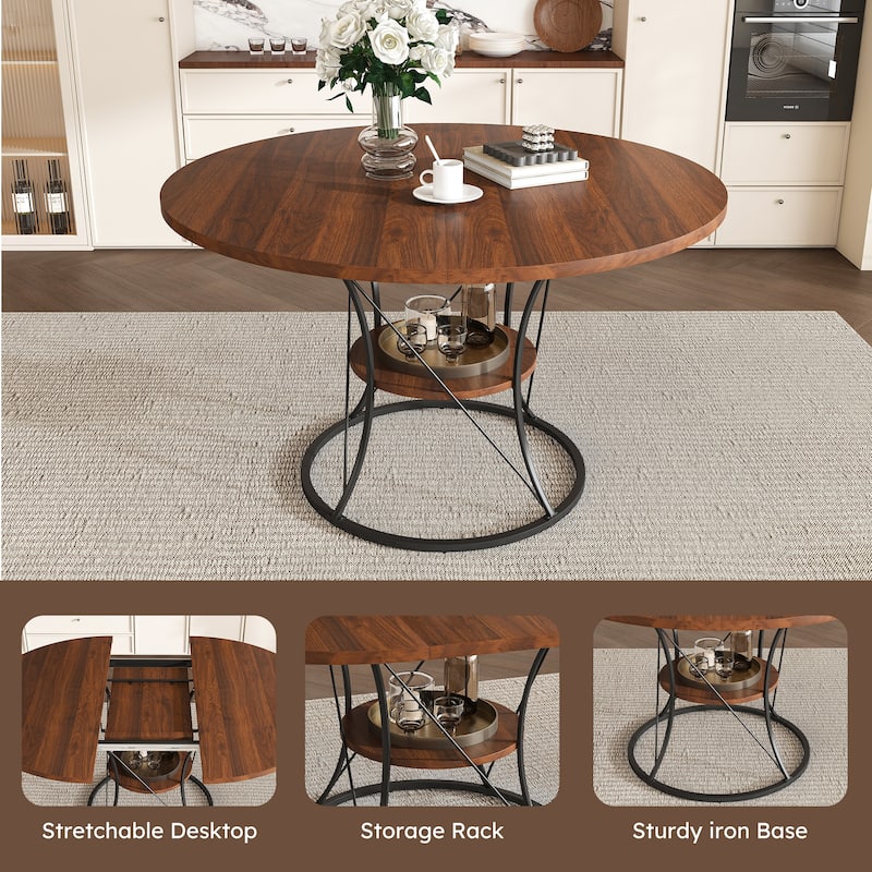 43 to 59 Inch Extendable Round Dining Table for 4-6 - Farmhouse Kitchen Table with Storage Shelf & Metal Base