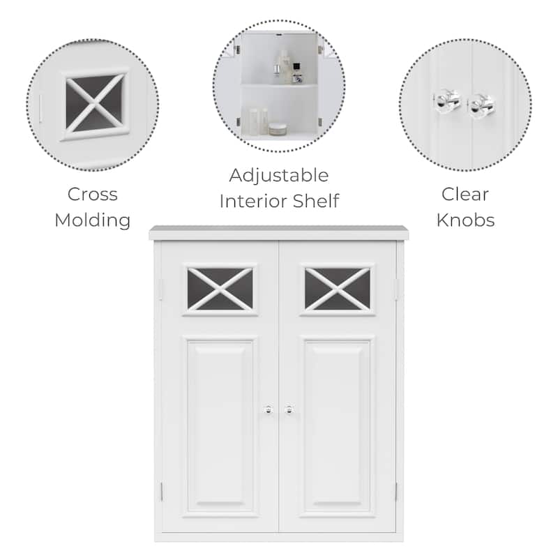 Teamson Home Dawson 2-Door White Bathroom Wall Cabinet, Removable Glass Panel, Adjustable Shelf, Cross Molding Storage