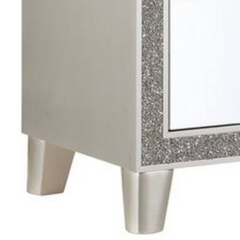 Nightstand with Mirrored Front 2 Drawers, Champagne Silver