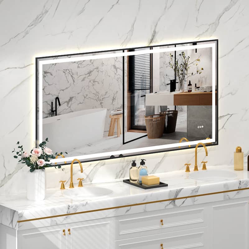 Black-Silver Glass LED Vanity Mirror with Defog, Touch Control and Dual Lighting - 72" W x 36" H