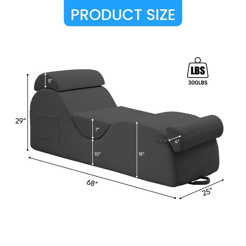 Mixoy Corduroy Yoga Chaise Lounge Chair,Curved Yoga Sofa with Movable Headrest/Waist Cushion/Footrest,Non-Slip Bottom