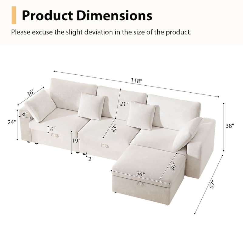 118" Oversized L-Shaped Velvet Sectional Sofa with Storage Ottoman, Removable Pillows, Cloud Couch for Living Room and Bedroom