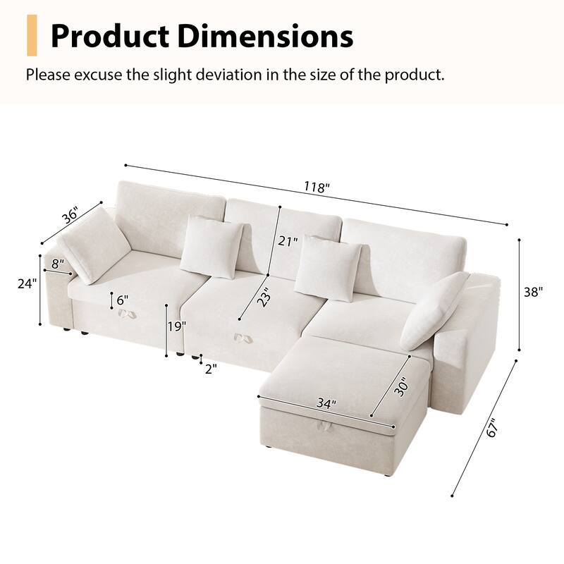 L Shaped Sectional Sofa with Storage Ottoman, Oversized Velvet Upholstered Cloud Couch, Corner Sofa with Side Pockets