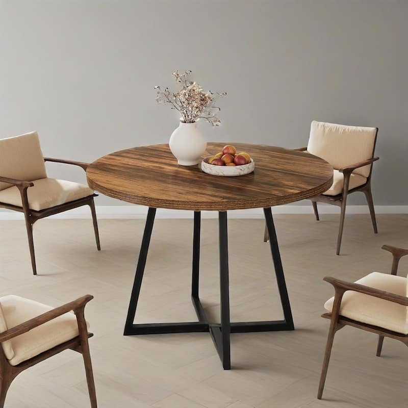 Vintage Brown Rustic Round Dining Table with MDF Top with Black Metal Frame Kitchen or Living Room - 31.49"L x 31.49"W x 29.52"H
