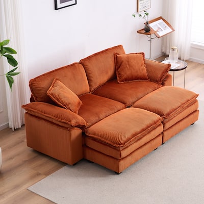 84.6" Corduroy 2-seats sofa With 2 back pillows,2 toss pillows and two ottoman