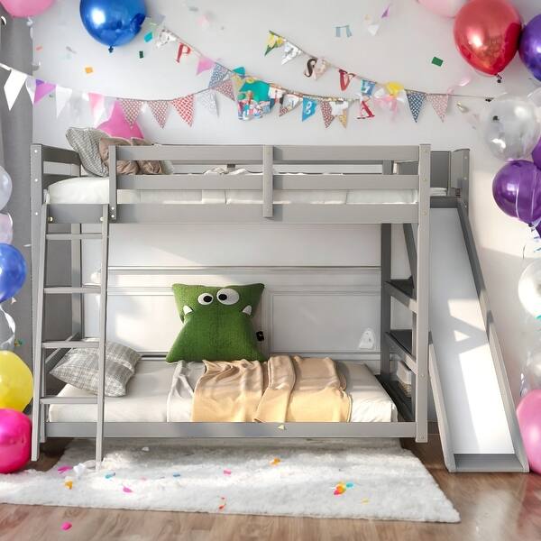 slide 2 of 26, Full over Full Bunk Bed with Ladder, With Slide and Shelves,Maximized Space,more interesting,No Box Spring NeededWhite Gray