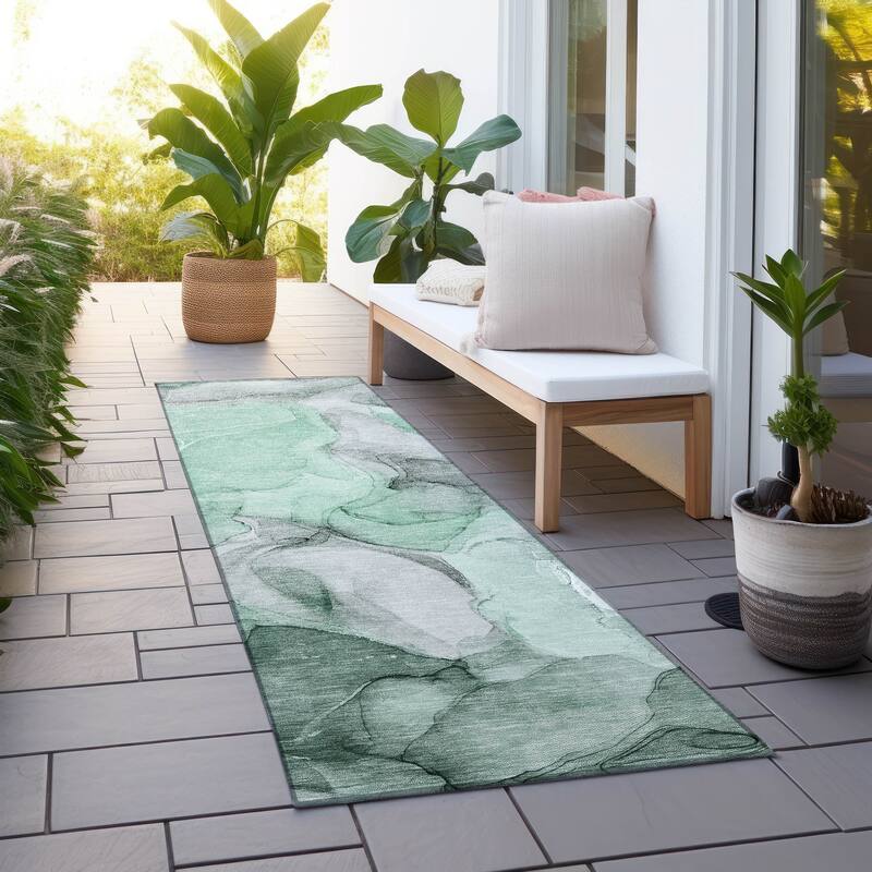 Machine Washable Indoor/ Outdoor Chantille Watercolor Green Rug - Green - 2'3" x 7'6"