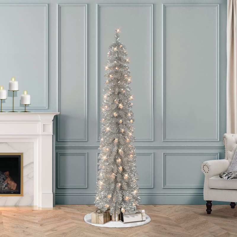 Puleo International 6' Pre-Lit Artificial Alpine Silver Pencil Tree