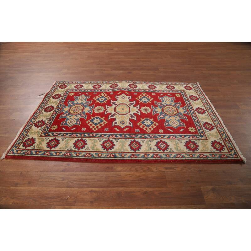 Red Kazak Accent Rug Hand-Knotted Geometric Wool Carpet - 2'10"x 4'2"