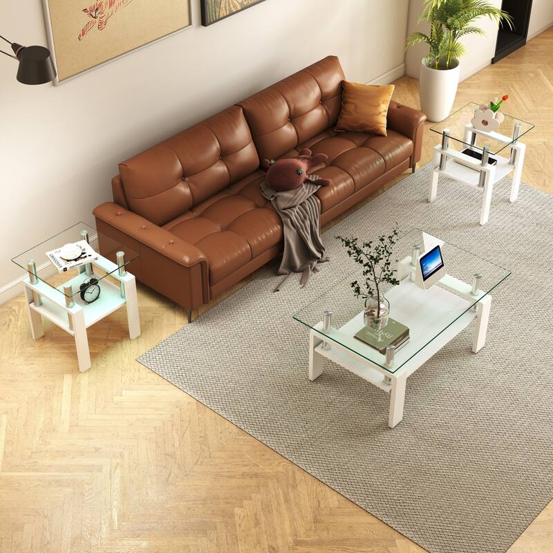 Set of 2 Modern Tempered Glass Tea Table,Tempered Glass Tabletop with MDF Layer,Coffee Table