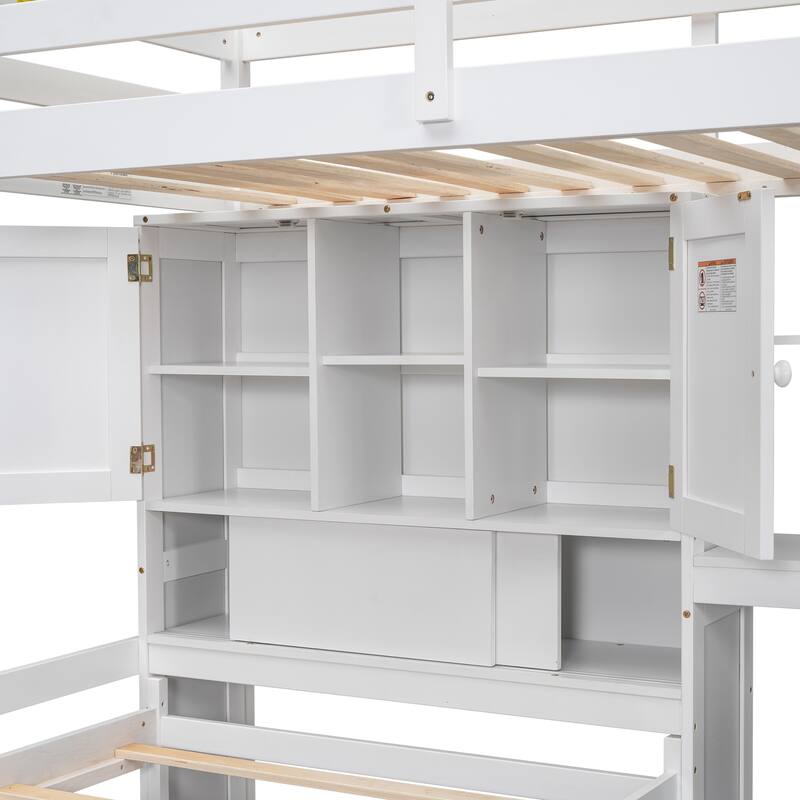 White Twin over Twin Loft Bed with Built-in Desk, Staircase & Storage
