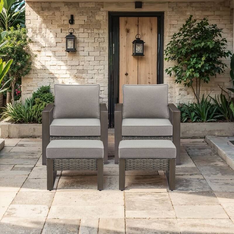 Pocassy Outdoor Patio Chairs Set for Garden Yards - 4 Pieces Patio Chairs w/ Ottoman - Grey Wicker Gray Cushion