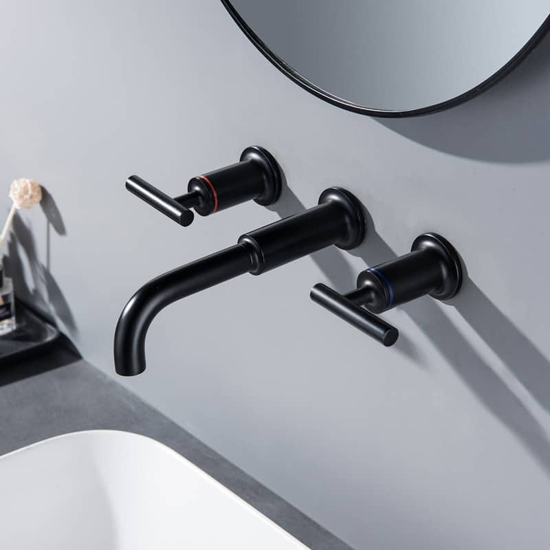 Long Spout Reach Double Handle Wall Mount Bathroom Sink Faucet, Black