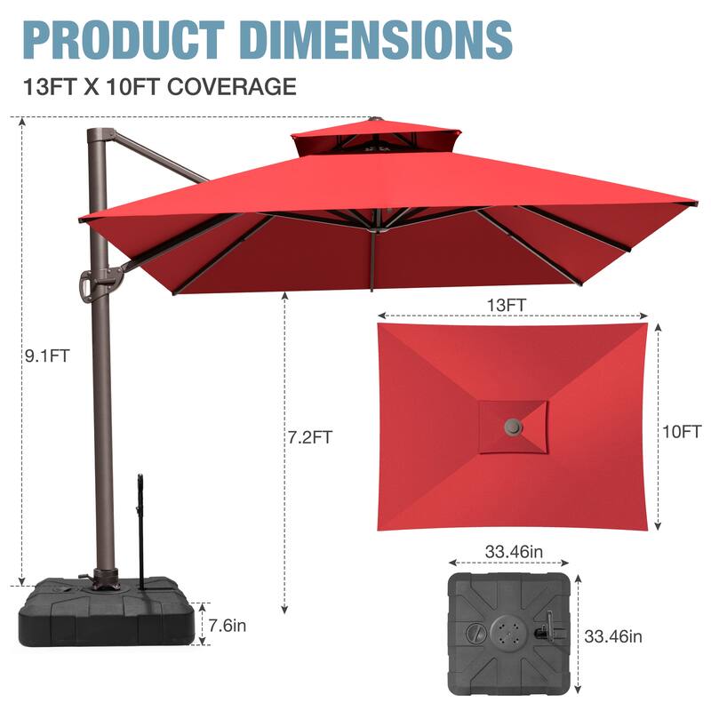 Outdoor Patio 10 x 13 FT Cantilever Umbrella Double Top with Rod Base