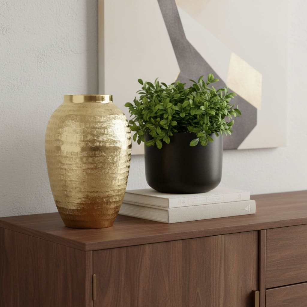 13" Gold Hammered Aluminum Urn Table Vase - 8.00